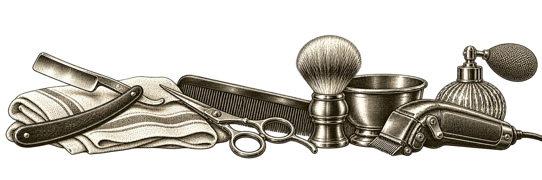 حکاکی قیچی، شانه، تیغ، فرچه و ماشین اصلاح آرایشگاه